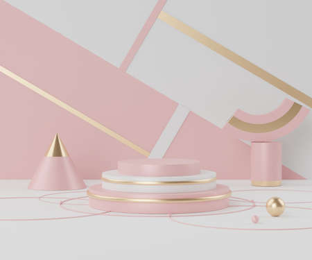 3d rendering of empty Podium in coral pink color. Blank pedestal and shopfront with clean design. Minimal scene for  product display. Abstract stand background for cosmetic advertising.の写真素材