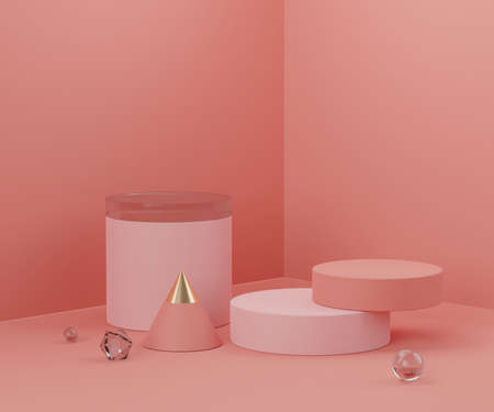 3d geometric forms. Podium in coral pink color and arch. Fashion show stage,pedestal, shopfront with...