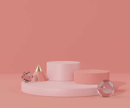 3d geometric forms. Podium in coral pink color and arch. Fashion show stage,pedestal, shopfront with colorful theme. Minimal scene for  product display. Abstract background for cosmetic advertising.の写真素材