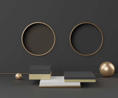 3d rendering of empty black gold Podium . Blank pedestal and shopfront with clean design. Minimal scene for  product display. Abstract stand background for cosmetic advertising.の写真素材