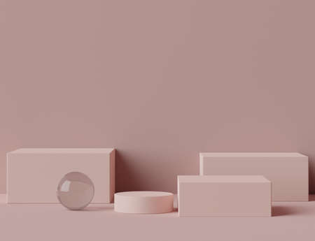 3d geometric form. Box podium in coral pink color. Fashion show stage,pedestal, shopfront with colorful theme. Minimal scene for  product display. Abstract background for cosmetic advertising.の写真素材
