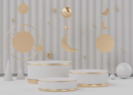 3d rendering of White gold podium with geometric shapes. Fashion show stage,pedestal, shopfront with clean theme. Minimal scene for  product display. Abstract background for cosmetic advertising.の写真素材