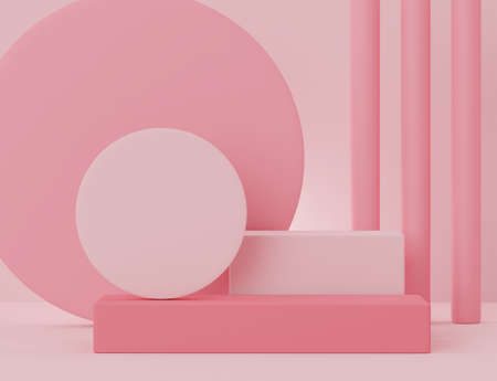 3d geometric form. Box podium in coral pink color. Fashion show stage,pedestal, shopfront with colorful theme. Minimal scene for  product display. Abstract background for cosmetic advertising.の写真素材