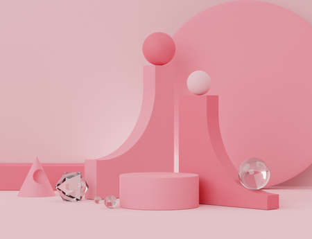3d geometric forms. Blank podium in coral pink color. Fashion show stage,pedestal, shopfront with colorful theme. Minimal scene for  product display. Abstract background for cosmetic advertising.の写真素材