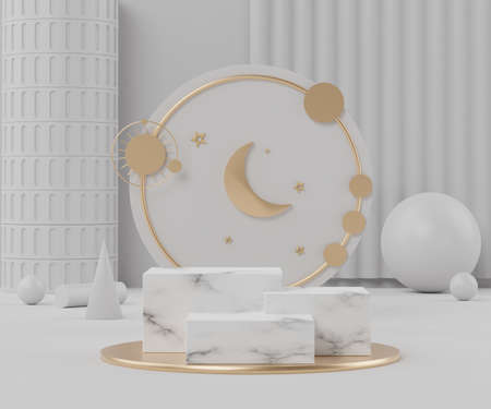 3d rendering of White gold podium with geometric shapes. Fashion show stage,pedestal, shopfront with clean theme. Minimal scene for  product display. Abstract background for cosmetic advertising.の写真素材