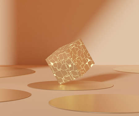 3d rendering of empty Podium with golden cube. Blank pedestal and shopfront with clean design. Minimal scene for  product display. Abstract stand background for cosmetic advertising.の写真素材