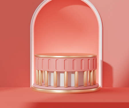 3d geometric forms. Blank podium in coral pink color. Fashion show stage,pedestal, shopfront with colorful theme. Minimal scene for  product display. Abstract background for cosmetic advertising.の写真素材