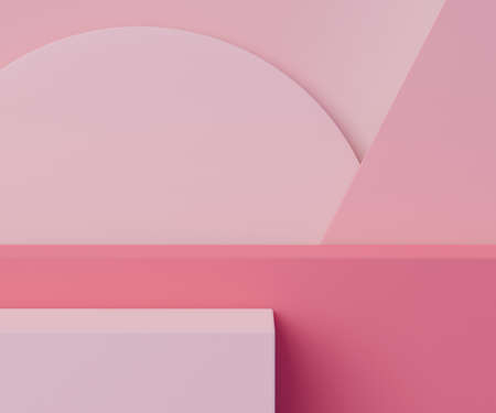 3d geometric form. Box podium in coral pink color. Fashion show stage,pedestal, shopfront with colorful theme. Minimal scene for  product display. Abstract background for cosmetic advertising.の写真素材
