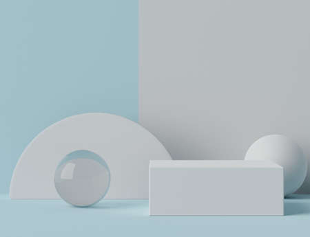 3d rendering of empty Podium in blue white color. Blank pedestal and shopfront with clean design. Minimal scene for  product display. Abstract stand background for cosmetic advertising.の写真素材