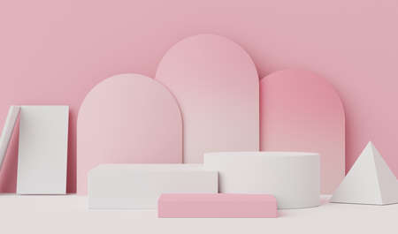 3d geometric forms. Blank podium display in white coral pink color. Minimalist pedestal or showcase scene for present product and mock up. Abstract background for cosmetic advertising.の写真素材