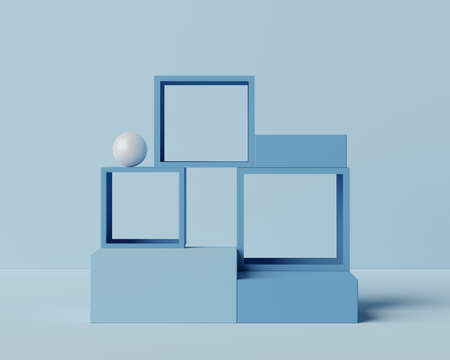 3d geometric forms. Blank podium display in pastel white blue color. Minimalist pedestal or showcase scene for present product and mock up. Abstract background for cosmetic advertising.の写真素材