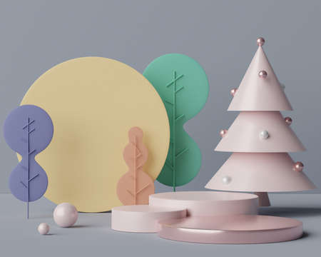 3d geometric forms. Blank podium display in pastel color. Minimalist pedestal or showcase scene for present product and mock up. Abstract background for cosmetic advertising.の写真素材