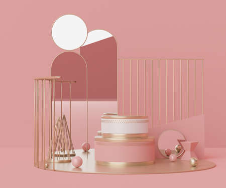 Abstract background of empty podium display for products and cosmetic presentation and mock up. Pink coral color pedestal or showcase with minimal geometry shapes. Colorful scene. 3d renderingの写真素材