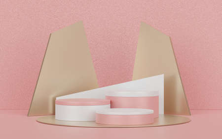 Abstract background of empty podium display for products and cosmetic presentation and mock up. Pink coral color pedestal or showcase with minimal geometry shapes. Colorful scene. 3d renderingの写真素材