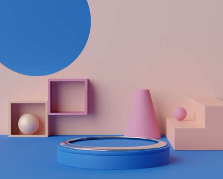 Abstract background of empty podium display for products and cosmetic presentation and mock up. Classic blue color pedestal or showcase with minimal geometry shapes. Colorful scene. 3d renderingの写真素材