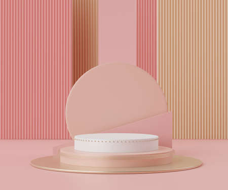 Abstract background of empty podium display for products and cosmetic presentation and mock up. Pink coral color pedestal or showcase with minimal geometry shapes. Colorful scene. 3d renderingの写真素材