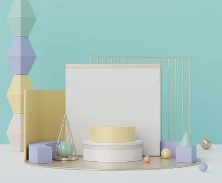 Abstract background of empty podium display for products and cosmetic presentation and mock up. Pastel pedestal or showcase with minimal geometry shapes. Colorful scene. 3d renderingの写真素材