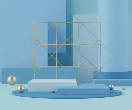 Abstract background of empty podium display for products and cosmetic presentation and mock up. Blue colors of blank pedestal or showcase with minimal geometry shapes. Colorful scene. 3d renderingの写真素材