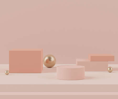 Abstract background of empty podium display for products and cosmetic presentation and mock up. Pink coral color pedestal or showcase with minimal geometry shapes. Colorful scene. 3d renderingの写真素材