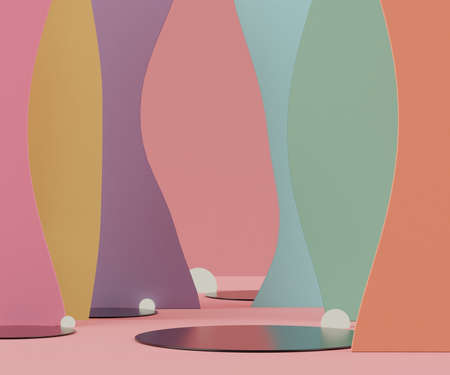 Abstract background of empty podium display for products and cosmetic presentation and mock up. Black mirrors pedestal with bright wall and minimal geometry shapes. Colorful scene. 3d renderingの写真素材