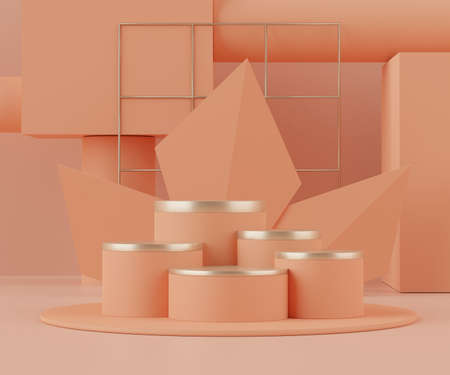 Abstract background of empty podium display for products and cosmetic presentation and mock up. Pink coral color pedestal or showcase with minimal geometry shapes. Colorful scene. 3d renderingの写真素材