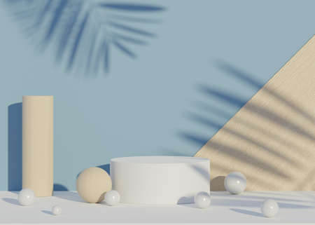 Abstract background of empty podium display for products and cosmetic presentation and mock up. Classy modern pedestal or showcase with shadow of palm leaves. Colorful scene. Summer time. 3d renderingの写真素材