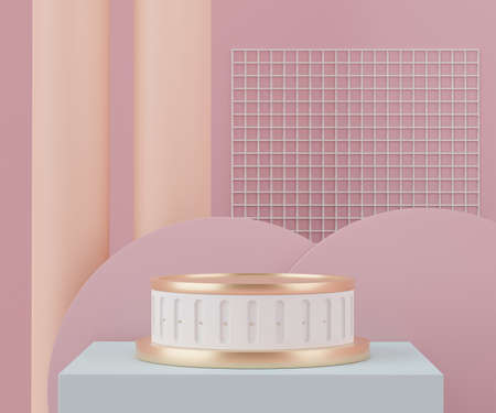 Abstract background of empty podium display for products and cosmetic presentation and mock up. Pink coral color pedestal or showcase with minimal geometry shapes. Colorful scene. 3d renderingの写真素材