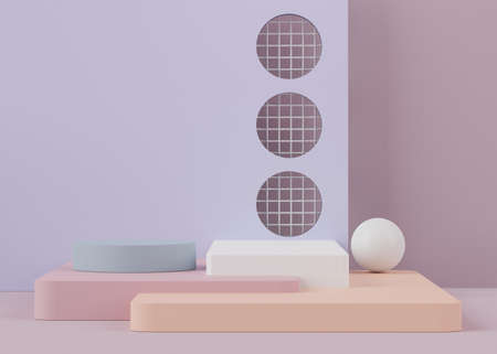 3d rendering of pastel minimal displays podium or pedestal for mock up and products presentation with abstract simple geometric shapes background.の写真素材