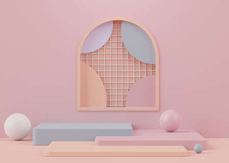 3d rendering of pastel minimal displays podium or pedestal for mock up and products presentation with abstract simple geometric shapes background.の写真素材