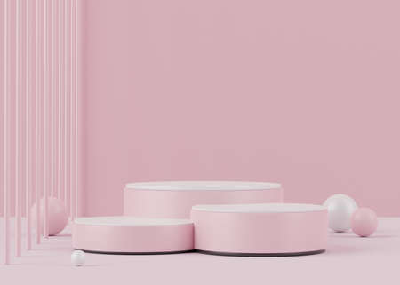 3d rendering of pink coral minimal displays podium or pedestal for mock up and products presentation with abstract simple geometric shapes background.の写真素材