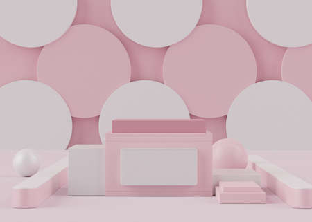 3d rendering of pink coral minimal displays podium or pedestal for mock up and products presentation with abstract simple geometric shapes background.の写真素材
