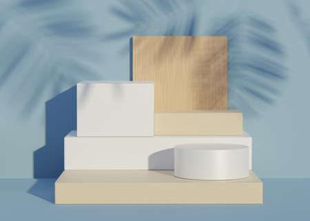 Abstract background of empty podium display for products and cosmetic presentation and mock up. Classy modern pedestal or showcase with shadow of palm leaves. Colorful scene. Summer time. 3d renderingの写真素材