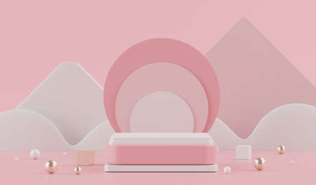 3d rendering of pink coral minimal displays podium or pedestal for mock up and products presentation with abstract simple geometric shapes background.の写真素材