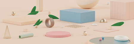 Abstract background of empty podium display for products and cosmetic presentation and mock up. Pastel cream colors pedestal or showcase with minimal geometry shapes. Colorful scene. 3d renderingの写真素材