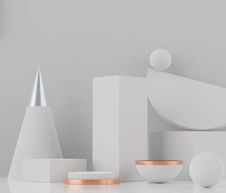 3d rendering geometric forms. Blank podium display in white marble color. Minimalist pedestal or showcase scene for present product and mock up. Abstract background for cosmetic advertising.の写真素材