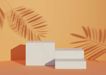 Abstract background of empty podium display for products and cosmetic presentation and mock up. Classy modern pedestal or showcase with shadow of palm leaves. Colorful scene. Summer time. 3d renderingの写真素材