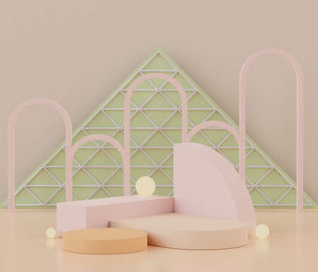 3d geometric shapes. Blank podium display in pastel color. Minimalist pedestal or showcase scene for...