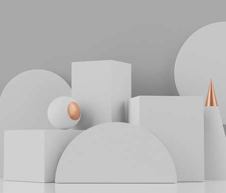 3d rendering geometric forms. Blank podium display in white marble color. Minimalist pedestal or showcase scene for present product and mock up. Abstract background for cosmetic advertising.の写真素材