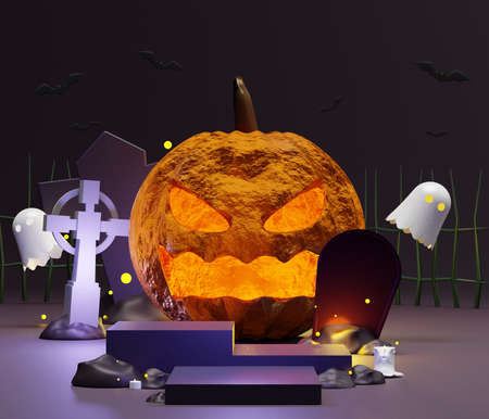 Abstract Halloween theme background of empty podium display for products presentation and mock up. Pumpkins Jack O'lantern with ghosts and flying bats in the dark background. Night scene. 3d renderingの写真素材