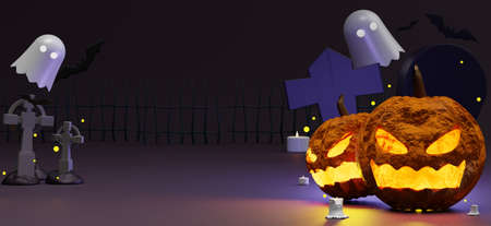 Abstract Halloween theme background of empty space for party invitation, social media and mock up. Pumpkins Jack O'lantern with ghosts and flying bats in the dark background. Night scene. 3d renderingの写真素材