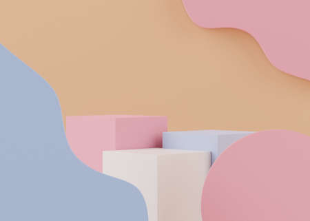 3d geometric shapes. Blank podium display in pastel color. Minimalist pedestal or showcase scene for present product and mock up. Abstract background for cosmetic advertising. Clean design concept.の写真素材