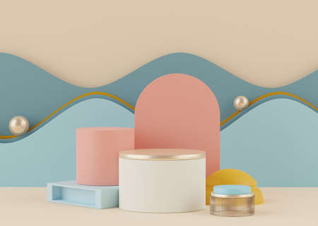 3d geometric shapes. Blank podium display in pastel color. Minimalist pedestal or showcase scene for present product and mock up. Abstract background for cosmetic advertising. Clean design concept.の写真素材