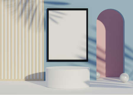 3d geometric shapes. Blank podium display in pastel color. Minimalist pedestal or showcase scene for present product and mock up. Abstract background for cosmetic advertising. Clean design concept.の写真素材