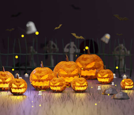 Abstract Halloween theme background of empty space for party invitation, social media and mock up. Pumpkins Jack O'lantern with ghosts and flying bats in the dark background. Night scene. 3d renderingの写真素材