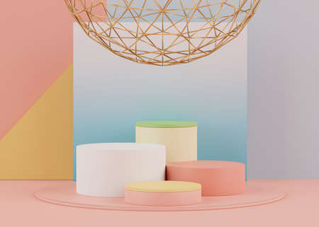 Podium stand with pastel color arches scene. Minimalist geometric vacant platform for mock up and presentation. Abstract background for commercial and cosmetic advertising. 3D render Modern concept.の写真素材