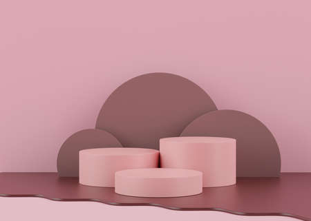 Podium stand with Chocolate sweeties scene. Minimalist geometric vacant platform for mock up and presentation. Abstract background for commercial and cosmetic advertising. 3D render Modern concept.の写真素材