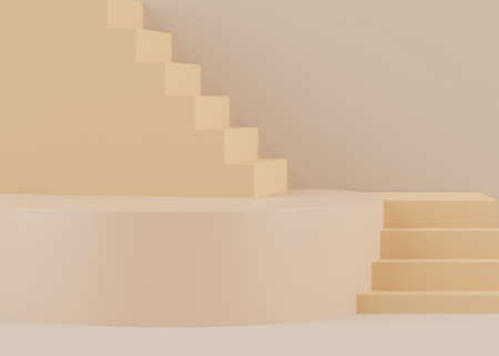 Podium stand with pastel color arches scene. Minimalist geometric vacant platform for mock up and presentation. Abstract background for commercial and cosmetic advertising. 3D render Modern concept.の写真素材