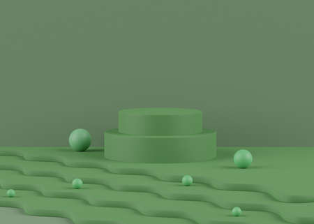 Podium stand with Green color arches scene. Minimalist geometric vacant platform for mock up and presentation. Abstract background for commercial and cosmetic advertising. 3d render modern concept.の写真素材