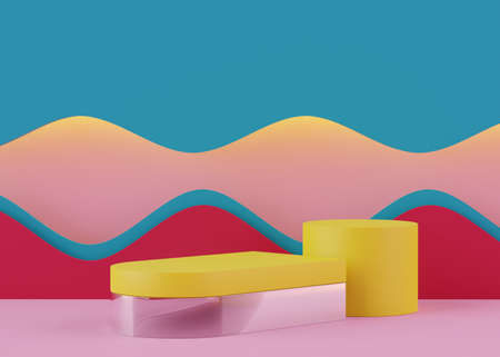 Podium stand with pastel color arches scene. Minimalist geometric vacant platform for mock up and presentation. Abstract background for commercial and cosmetic advertising. 3D render Modern concept.の写真素材