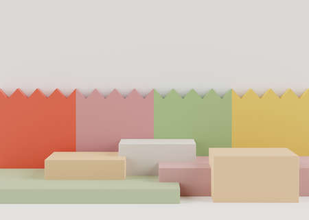Podium stand with pastel color arches scene. Minimalist geometric vacant platform for mock up and presentation. Abstract background for commercial and cosmetic advertising. 3D render Modern concept.の写真素材